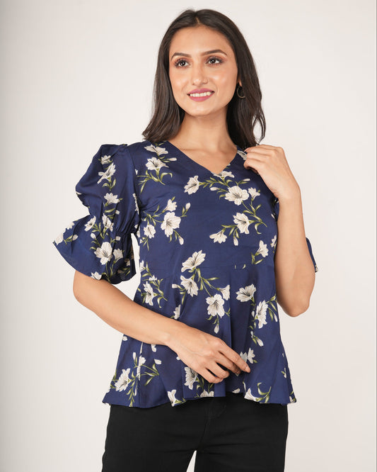 Women wearing a Botanical Floral Puff Sleeve Peplum Top