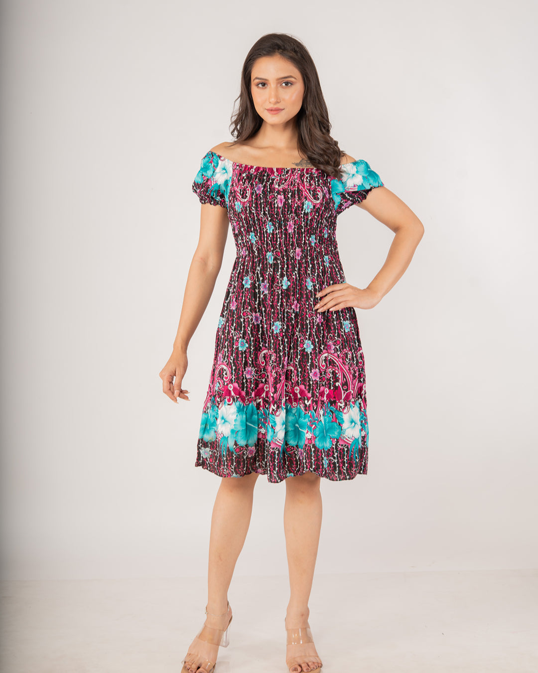 Tropical Floral Off-Shoulder Smocked Dress