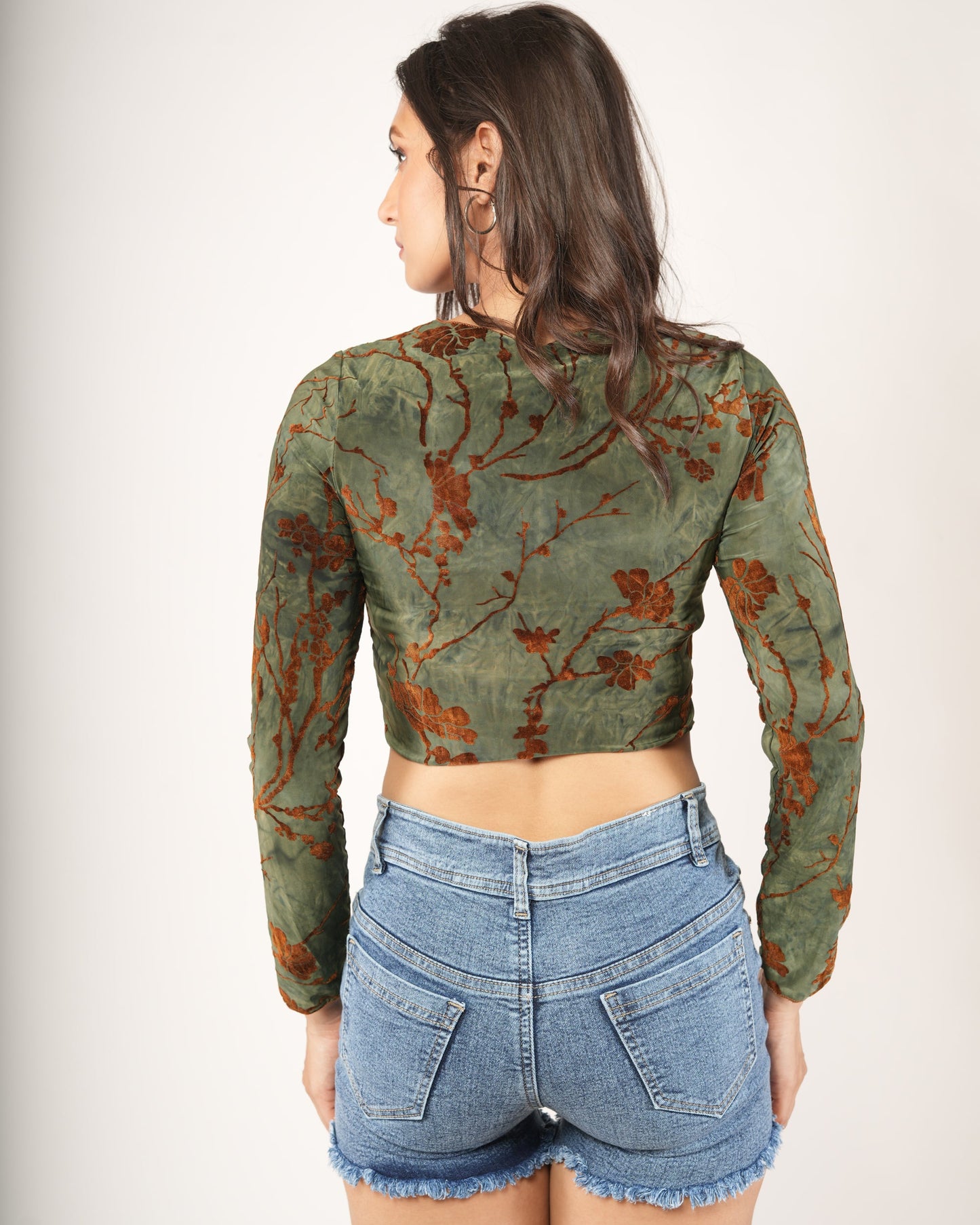 Olive Marble Floral Long-Sleeve Crop Top