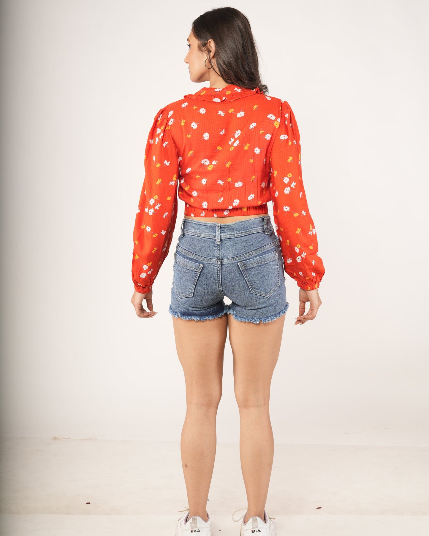 Tangerine Blossom Ruffled Tie-Front Crop Blouse