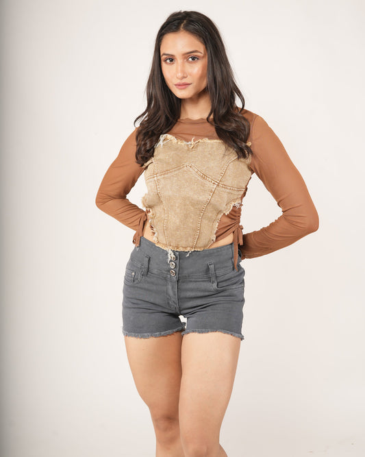 Cocoa Mesh Layered Sandstone Denim Corset Top