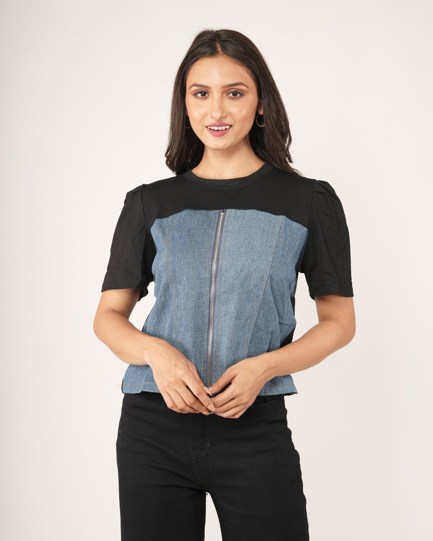 Woman wearing a Black & Denim Colourblock Zip-Front Top.