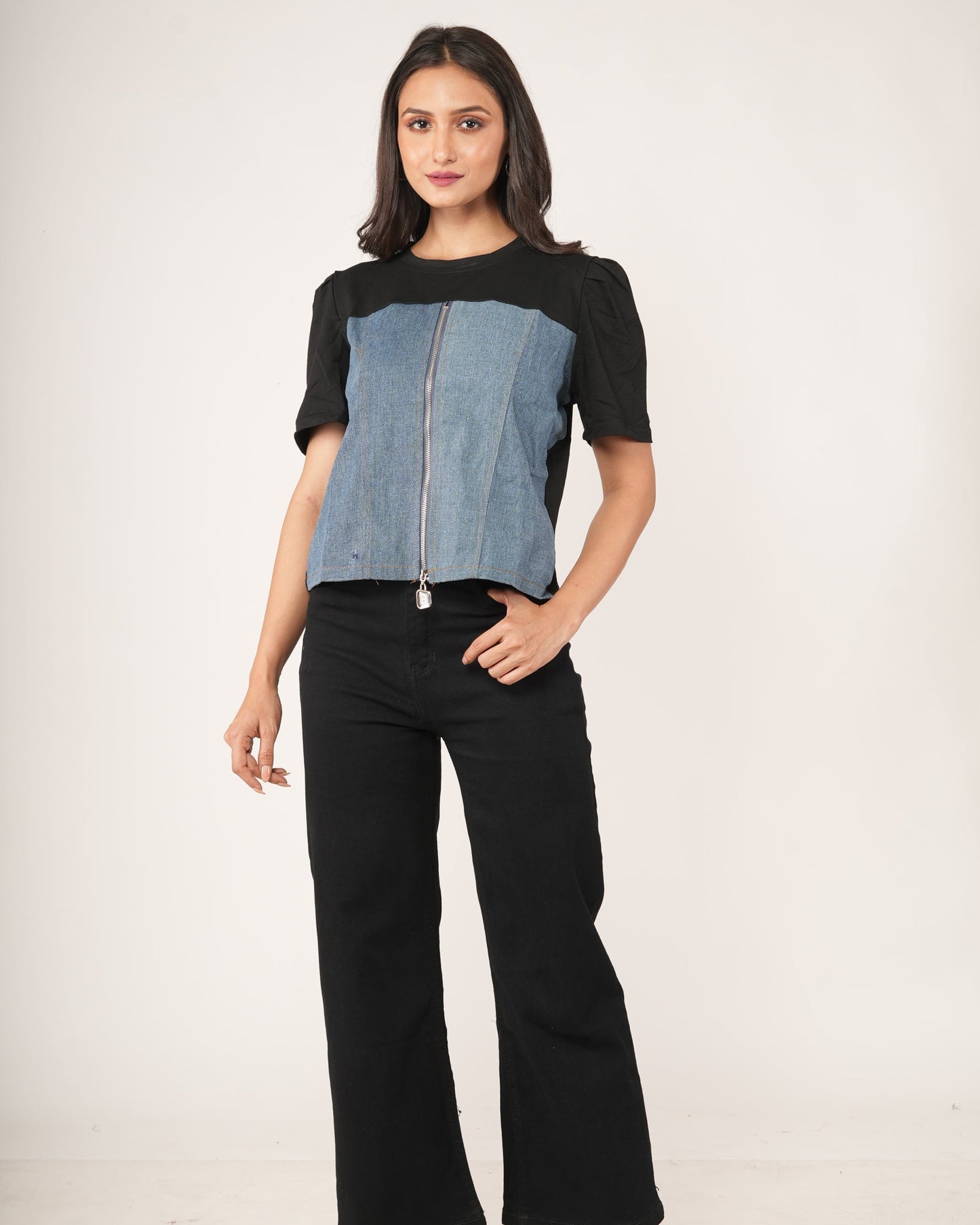 Woman wearing a Black & Denim Colourblock Zip-Front Top.