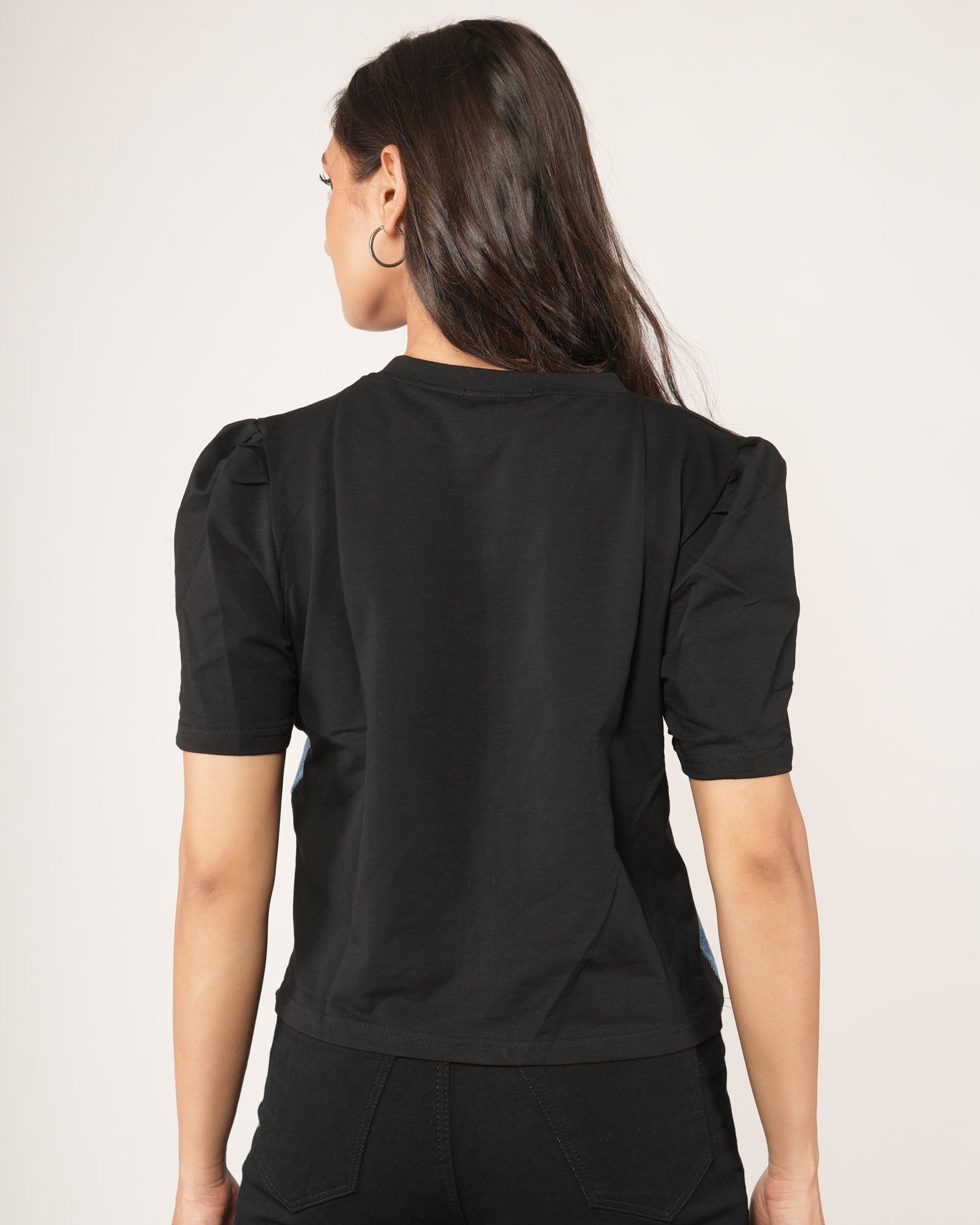 Woman wearing Black & Denim Colourblock Zip-Front Top.