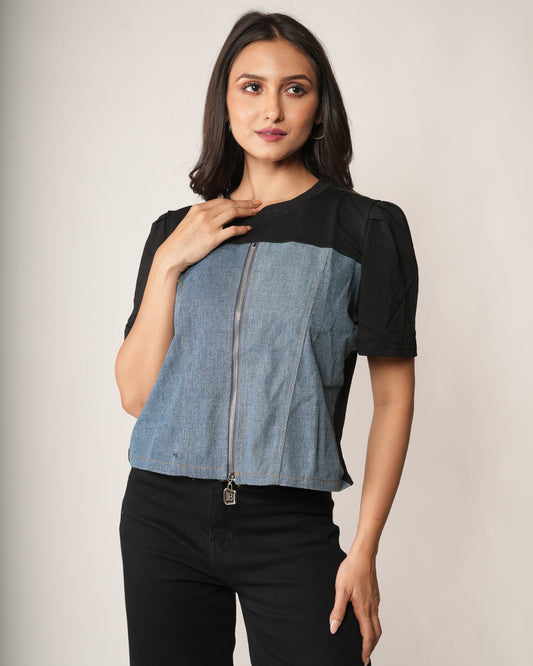 Women wearing a Black & Denim Colourblock Zip-Front Top.