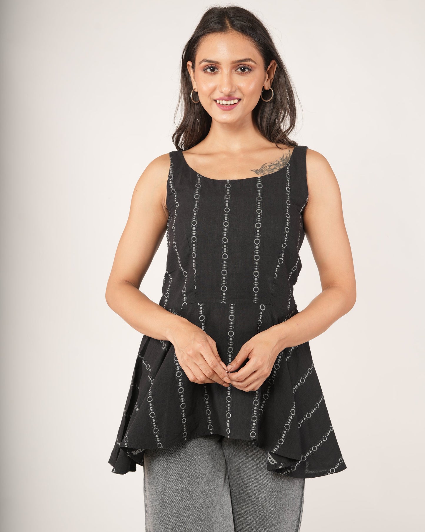 Women wearing Black striped flared top