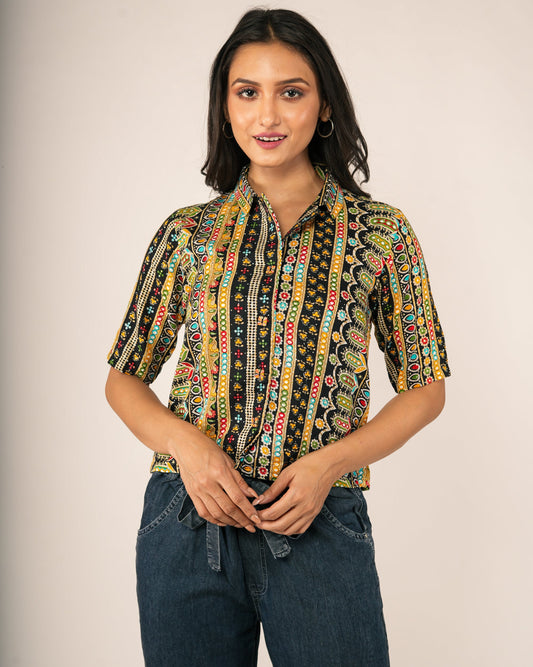Woman wearing a Bohemian Geometric Vertical Stripe Shirt