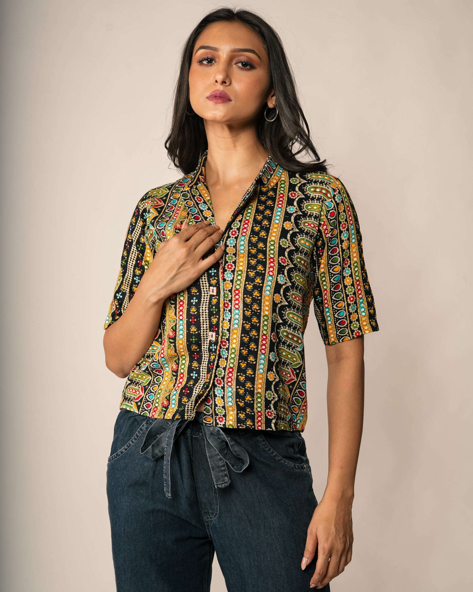 Woman wearing a Bohemian Geometric Vertical Stripe Shirt