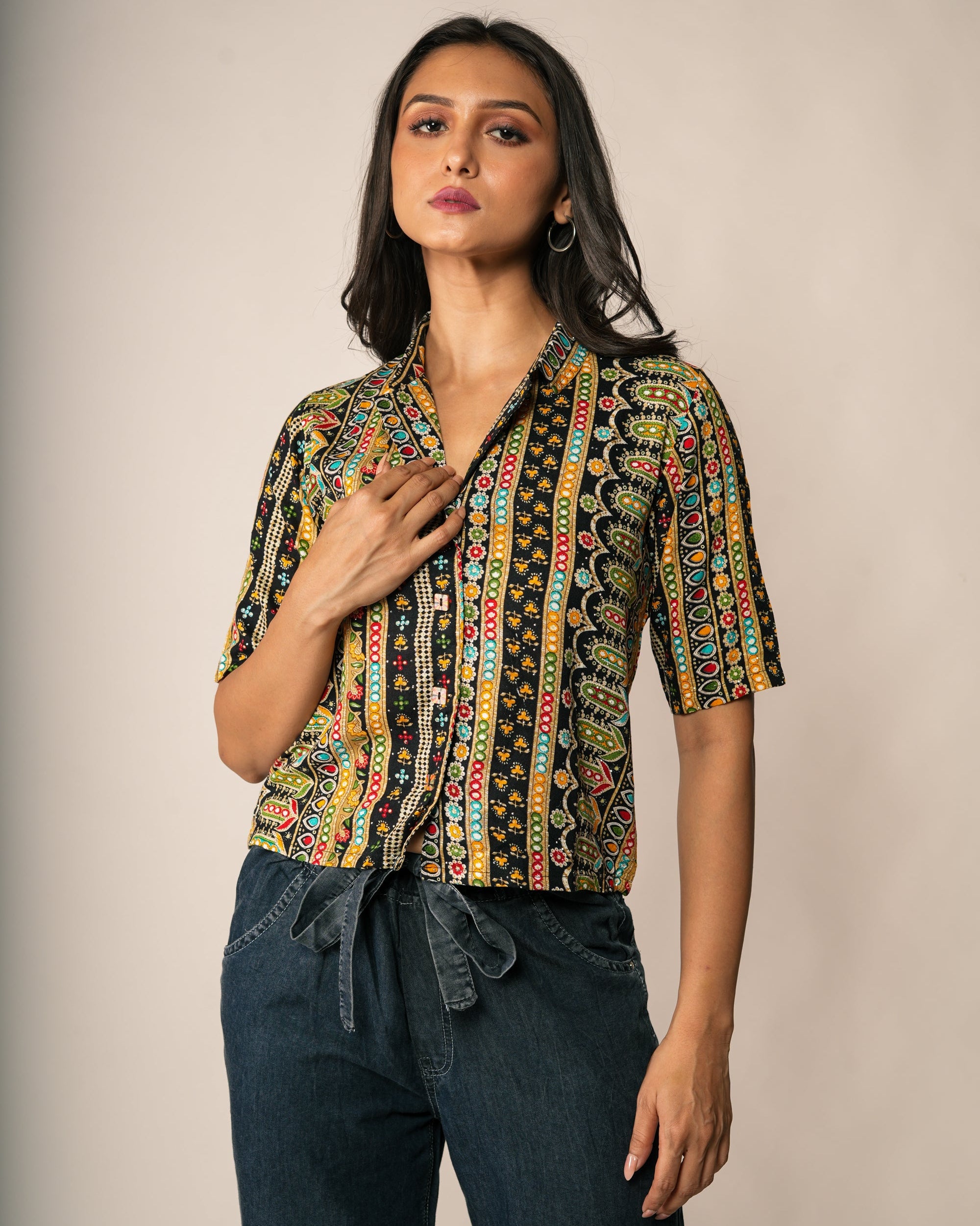 Woman wearing a Bohemian Geometric Vertical Stripe Shirt