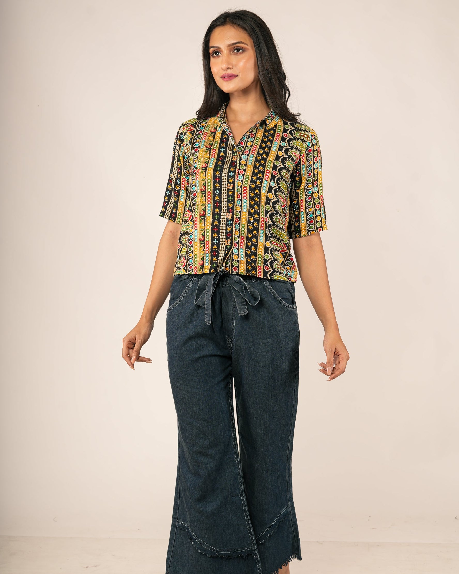 Woman wearing a Bohemian Geometric Vertical Stripe Shirt