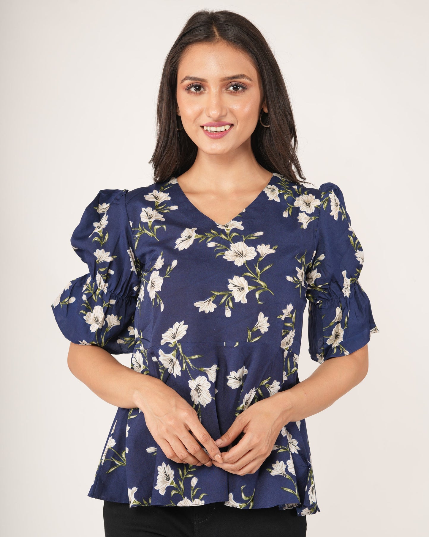 Women wearing a Botanical Floral Puff Sleeve Peplum Top