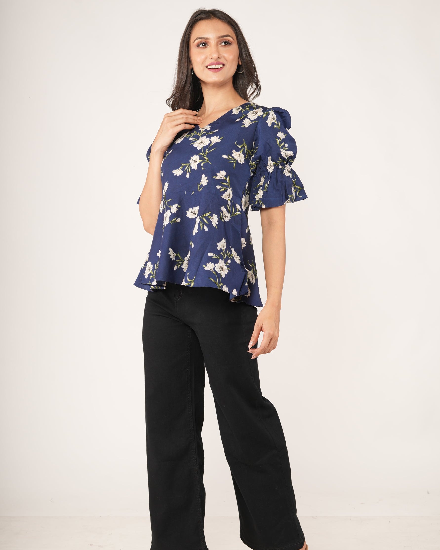 Women wearing a Botanical Floral Puff Sleeve Peplum Top