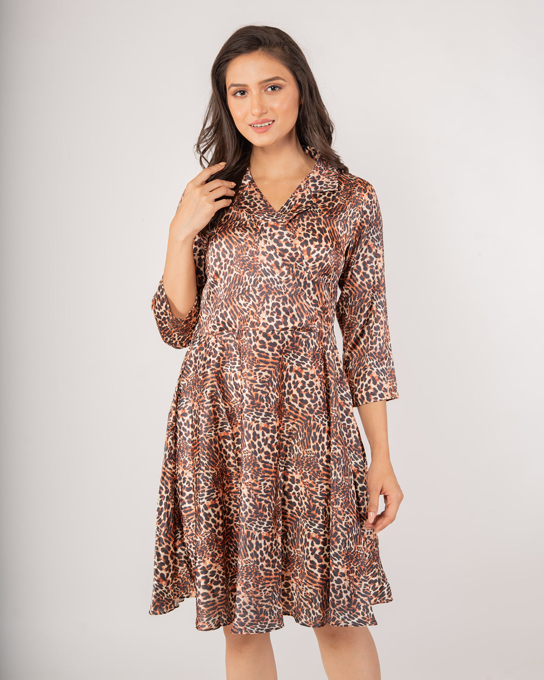 Premium Classic Leopard Print Collared Wrap Dress