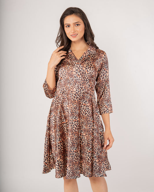 Premium Classic Leopard Print Collared Wrap Dress