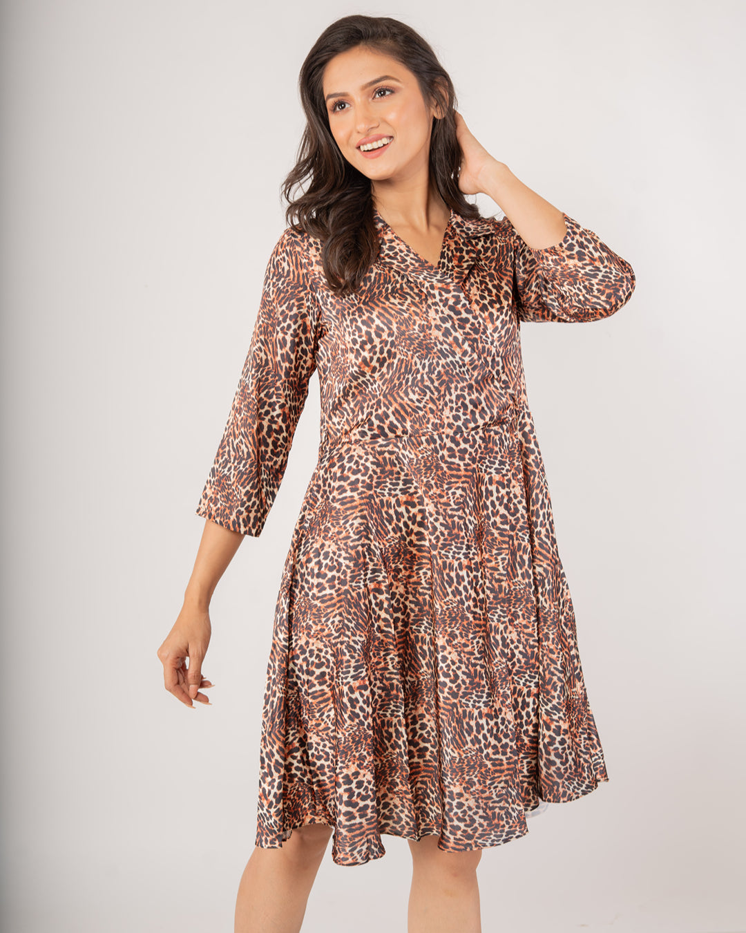 Premium Classic Leopard Print Collared Wrap Dress