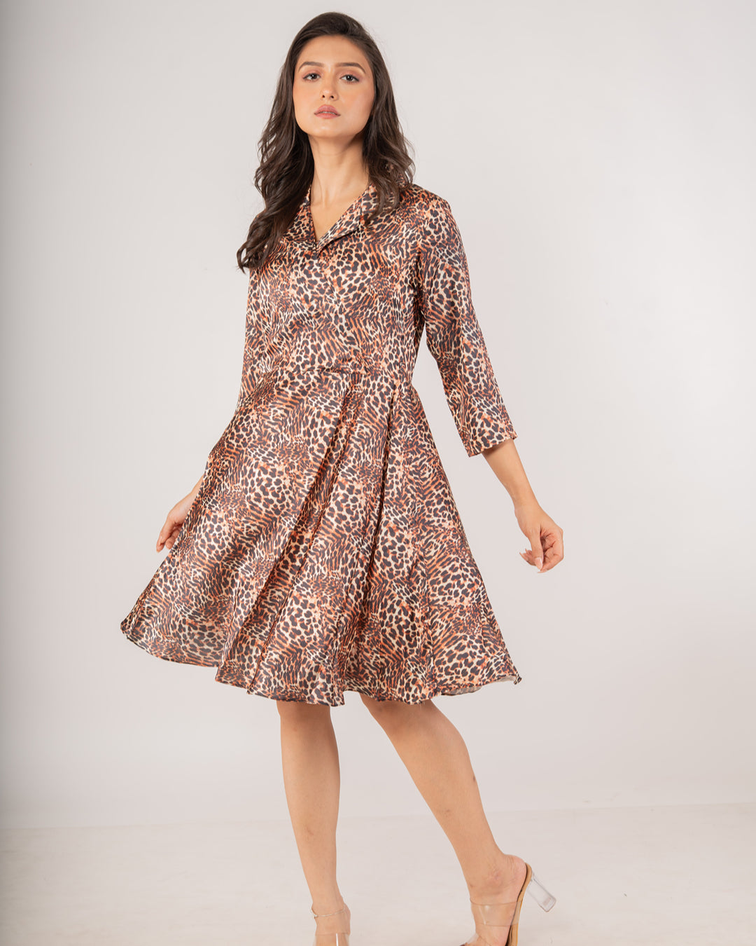 Premium Classic Leopard Print Collared Wrap Dress