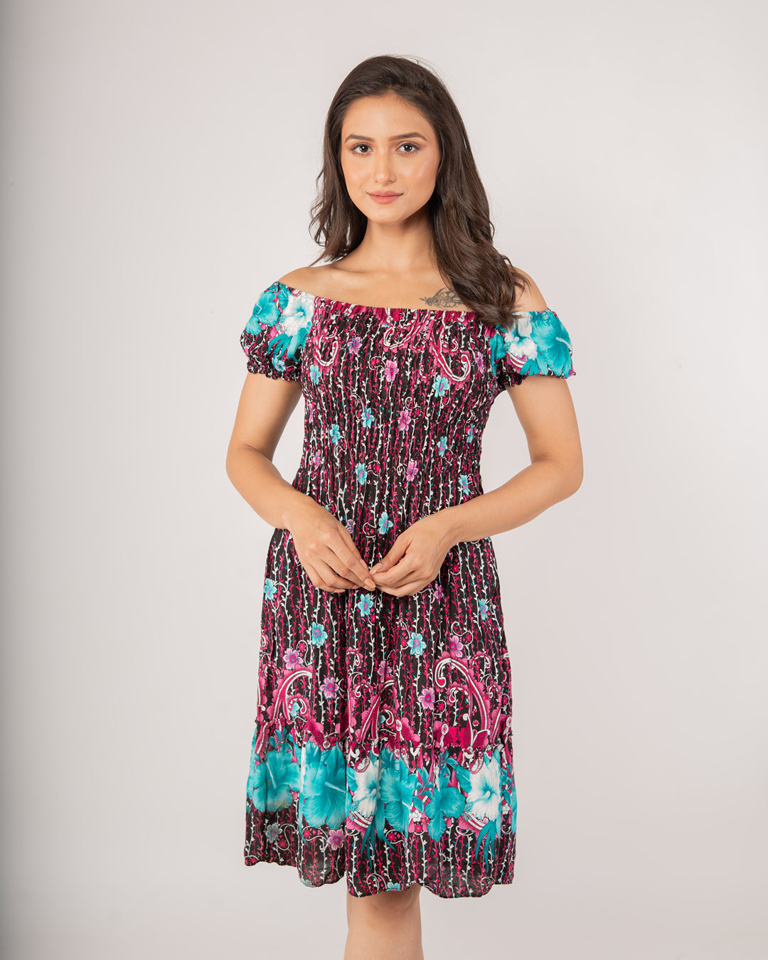 Tropical Floral Off-Shoulder Smocked Dress