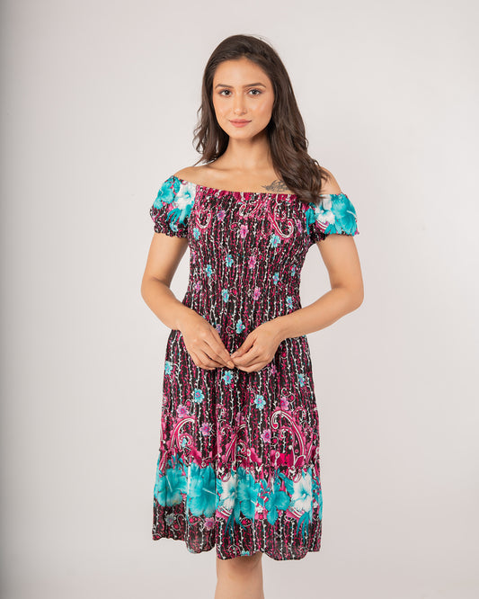 Tropical Floral Off-Shoulder Smocked Dress