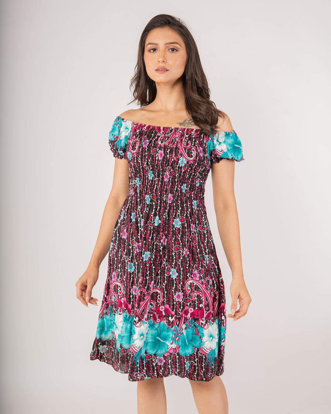 Tropical Floral Off-Shoulder Smocked Dress