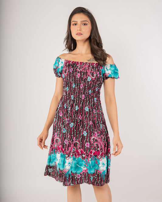 Tropical Floral Off-Shoulder Smocked Dress