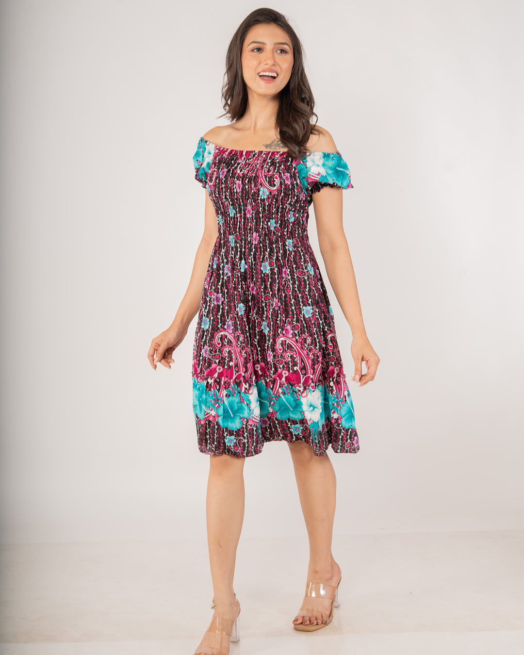 Tropical Floral Off-Shoulder Smocked Dress