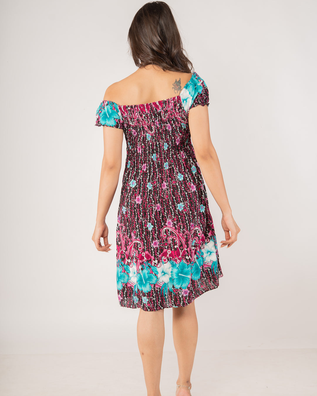 Tropical Floral Off-Shoulder Smocked Dress
