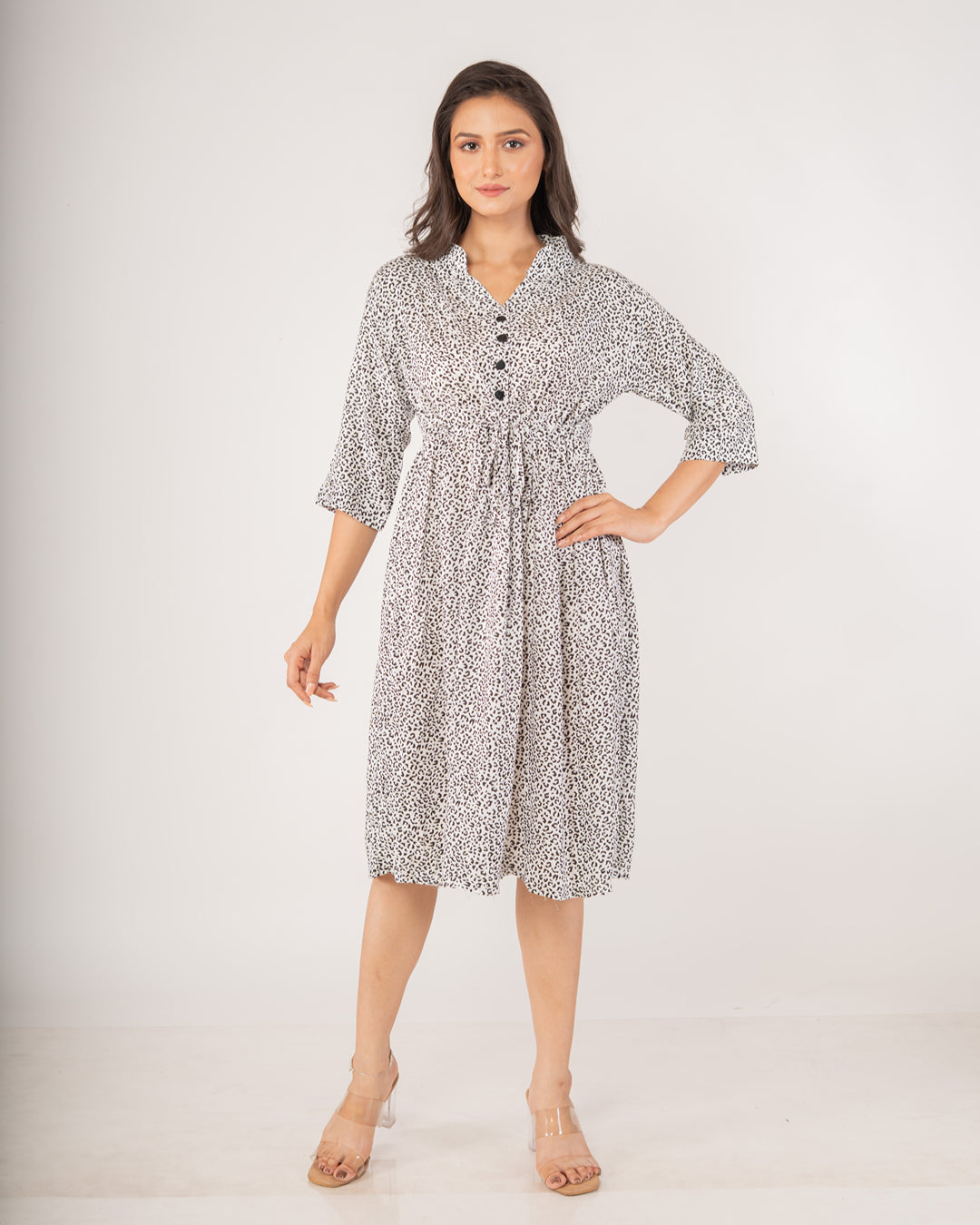 Mono Leopard Print Collared Wrap Dress