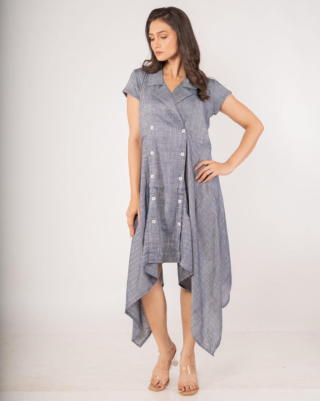 Premium Indigo Asymmetric Double-Breasted Midi Dress