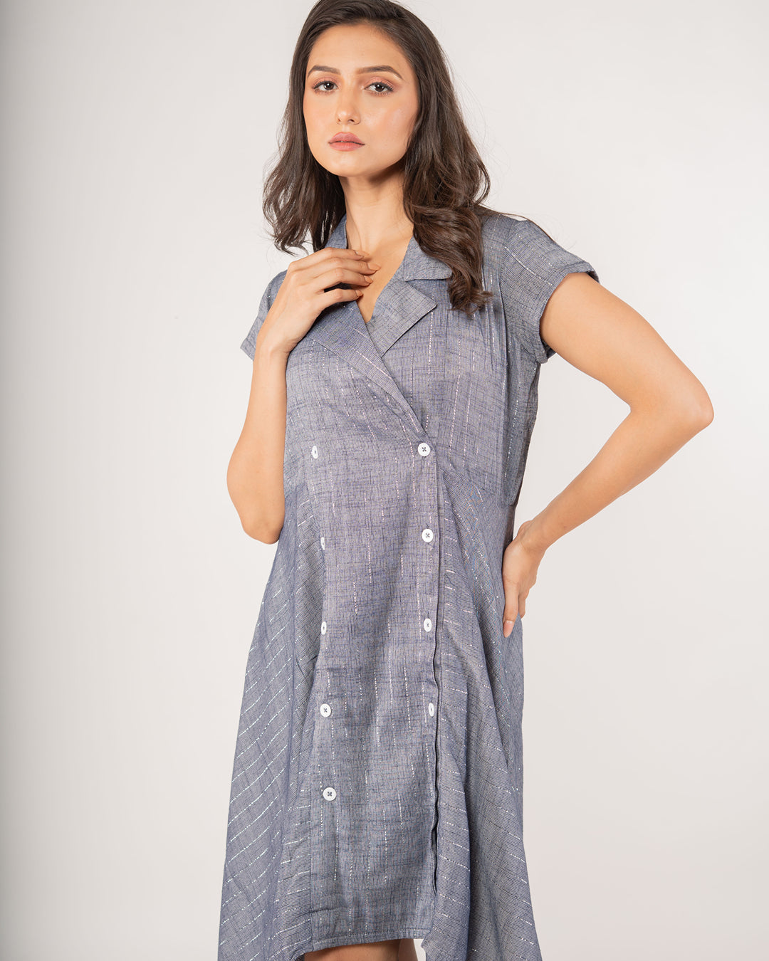 Premium Indigo Asymmetric Double-Breasted Midi Dress