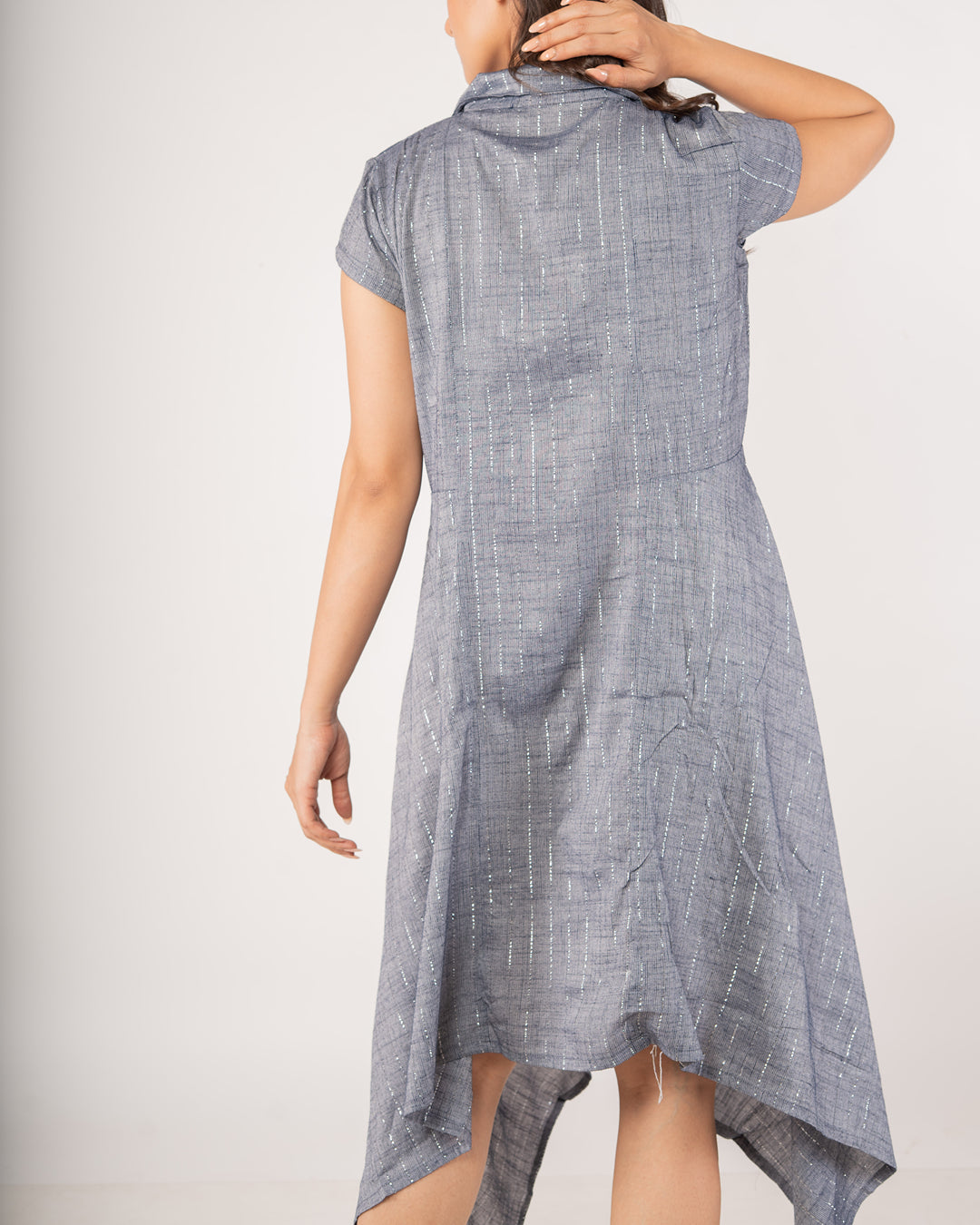 Premium Indigo Asymmetric Double-Breasted Midi Dress