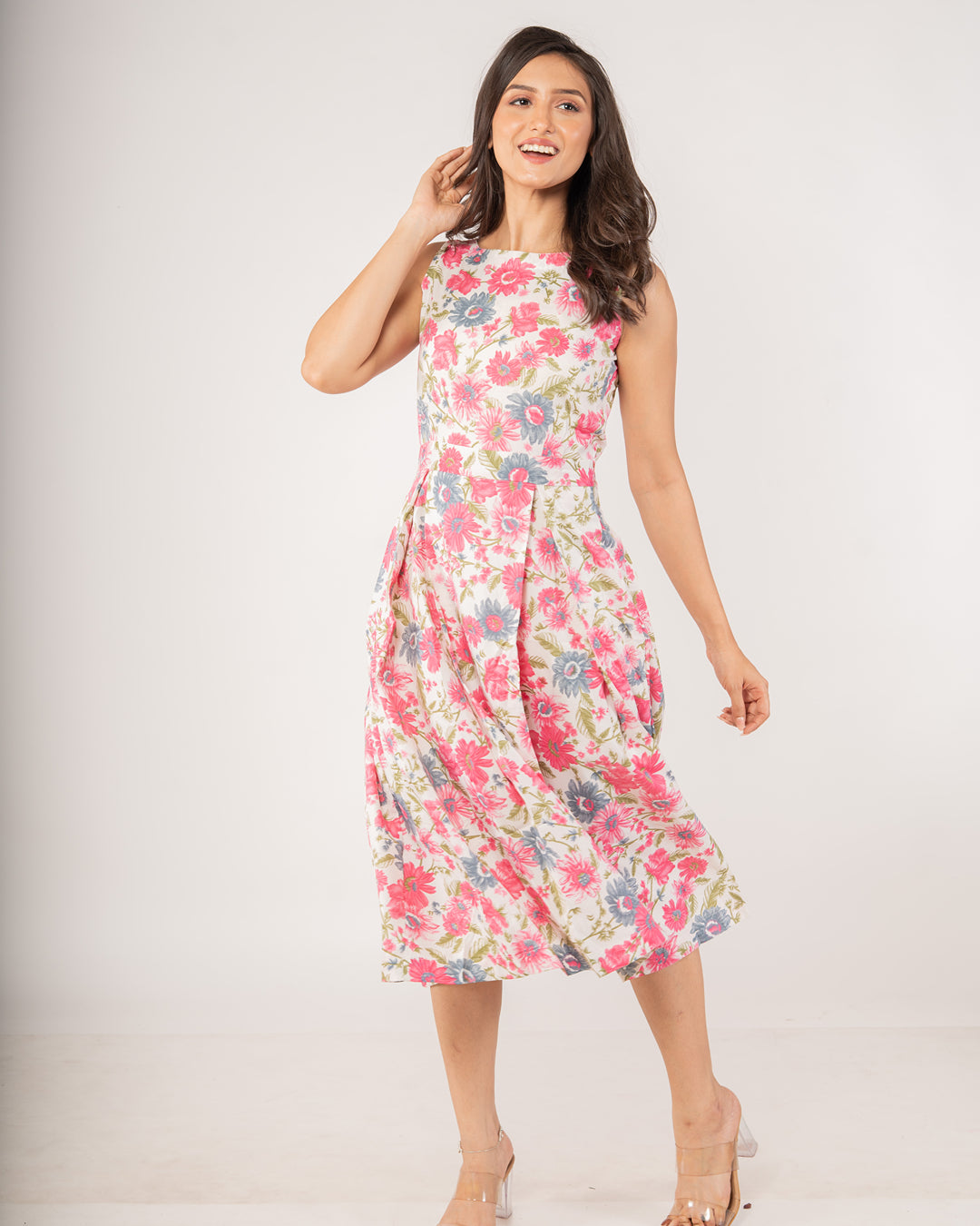 Premium English Garden Floral Sleeveless Midi Dress