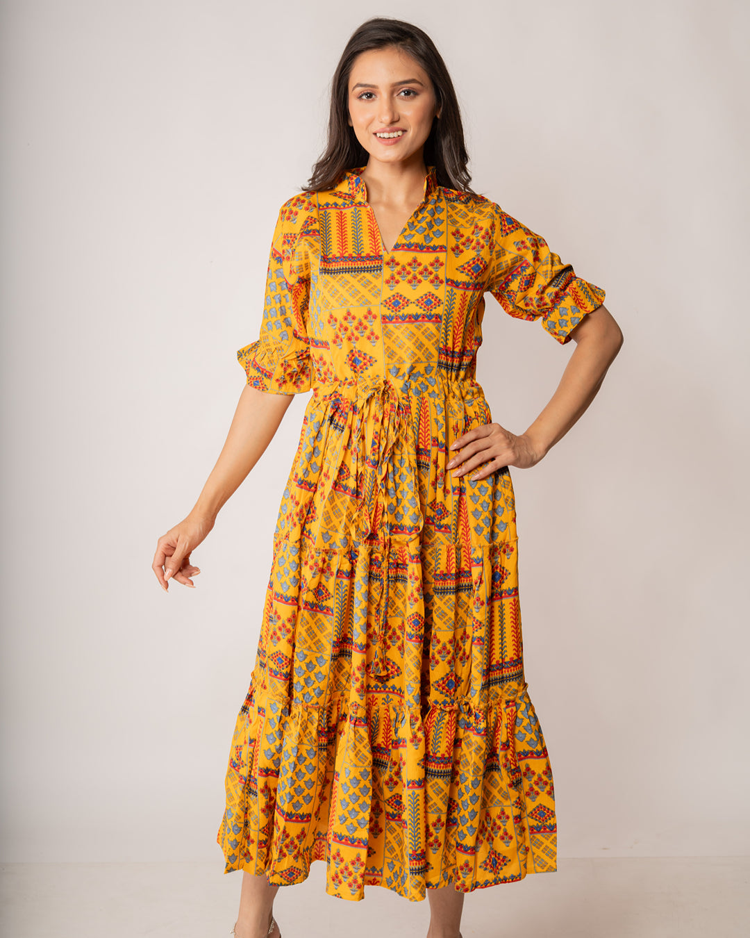 Mustard Bohemian Patchwork Midi Dress