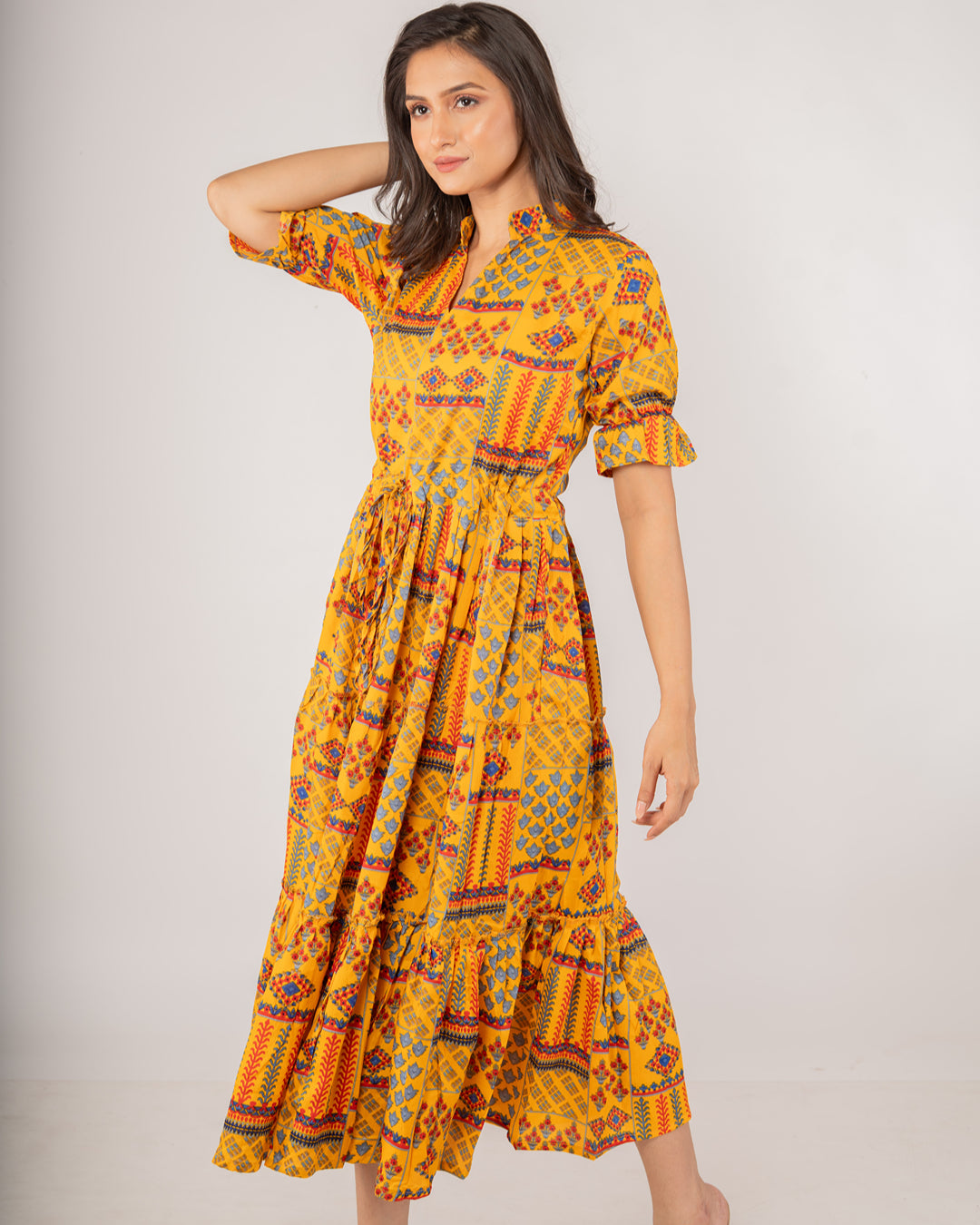 Mustard Bohemian Patchwork Midi Dress
