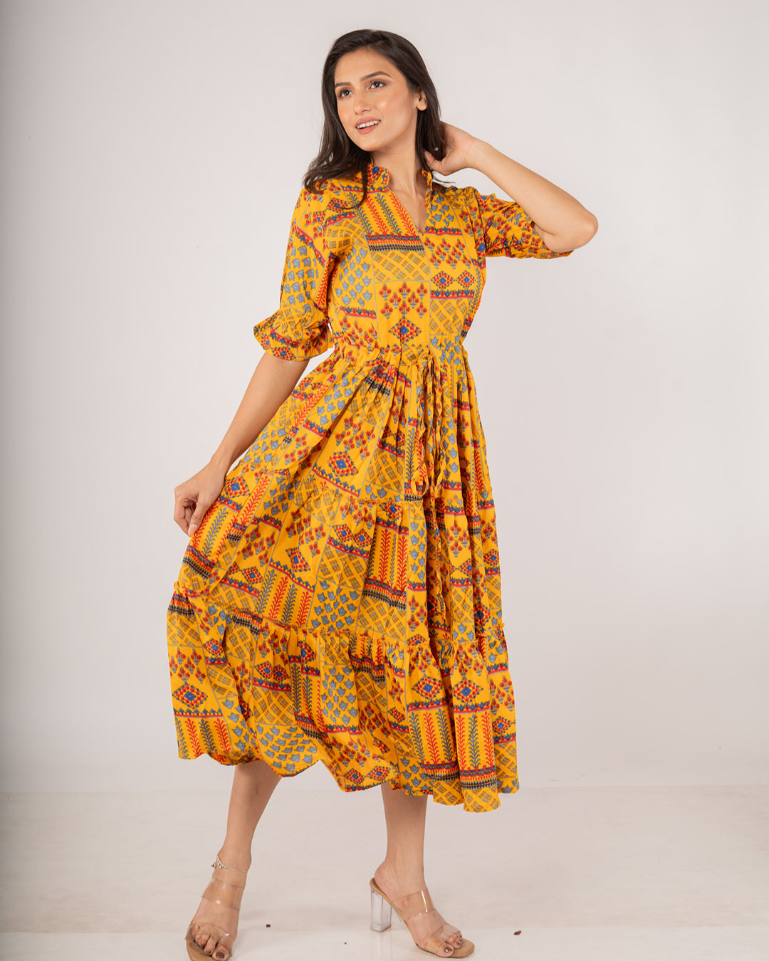 Mustard Bohemian Patchwork Midi Dress