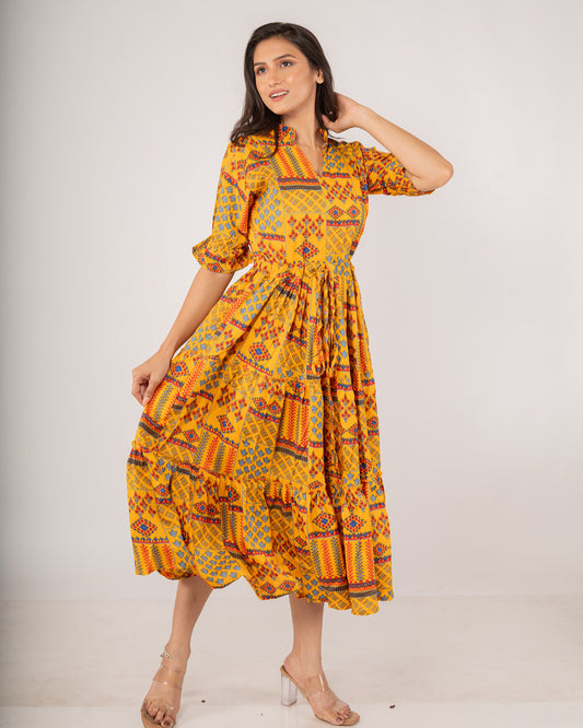 Mustard Bohemian Patchwork Midi Dress