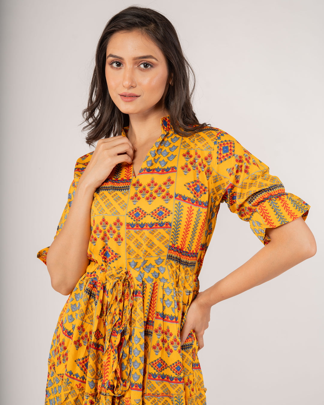 Mustard Bohemian Patchwork Midi Dress