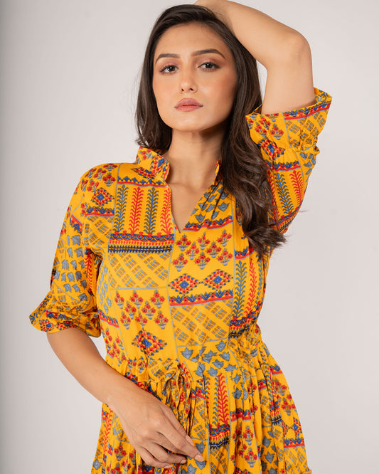 Mustard Bohemian Patchwork Midi Dress
