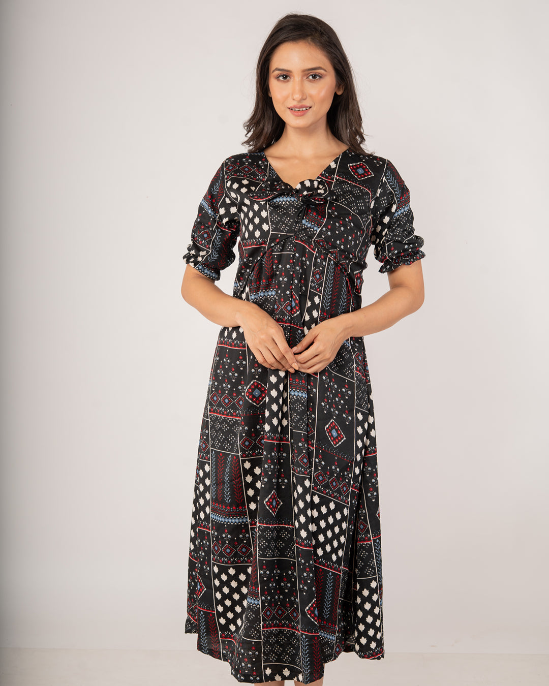 Onyx Black Bohemian Patchwork Midi Dress