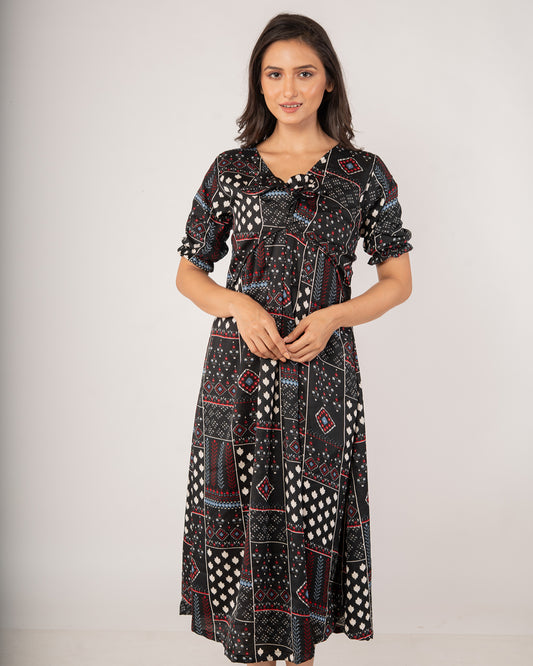 Onyx Black Bohemian Patchwork Midi Dress
