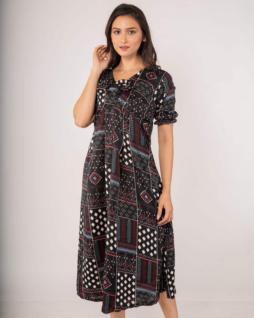 Onyx Black Bohemian Patchwork Midi Dress