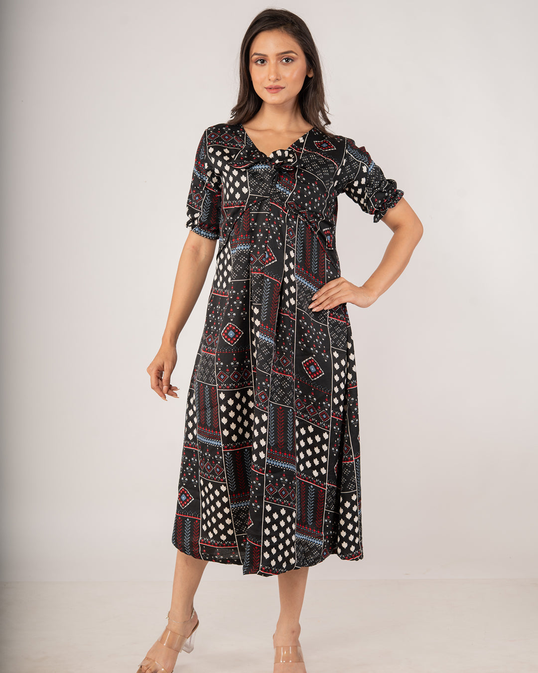 Onyx Black Bohemian Patchwork Midi Dress