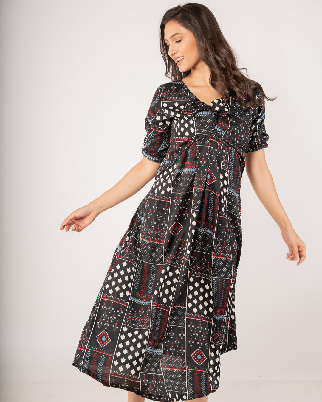 Onyx Black Bohemian Patchwork Midi Dress