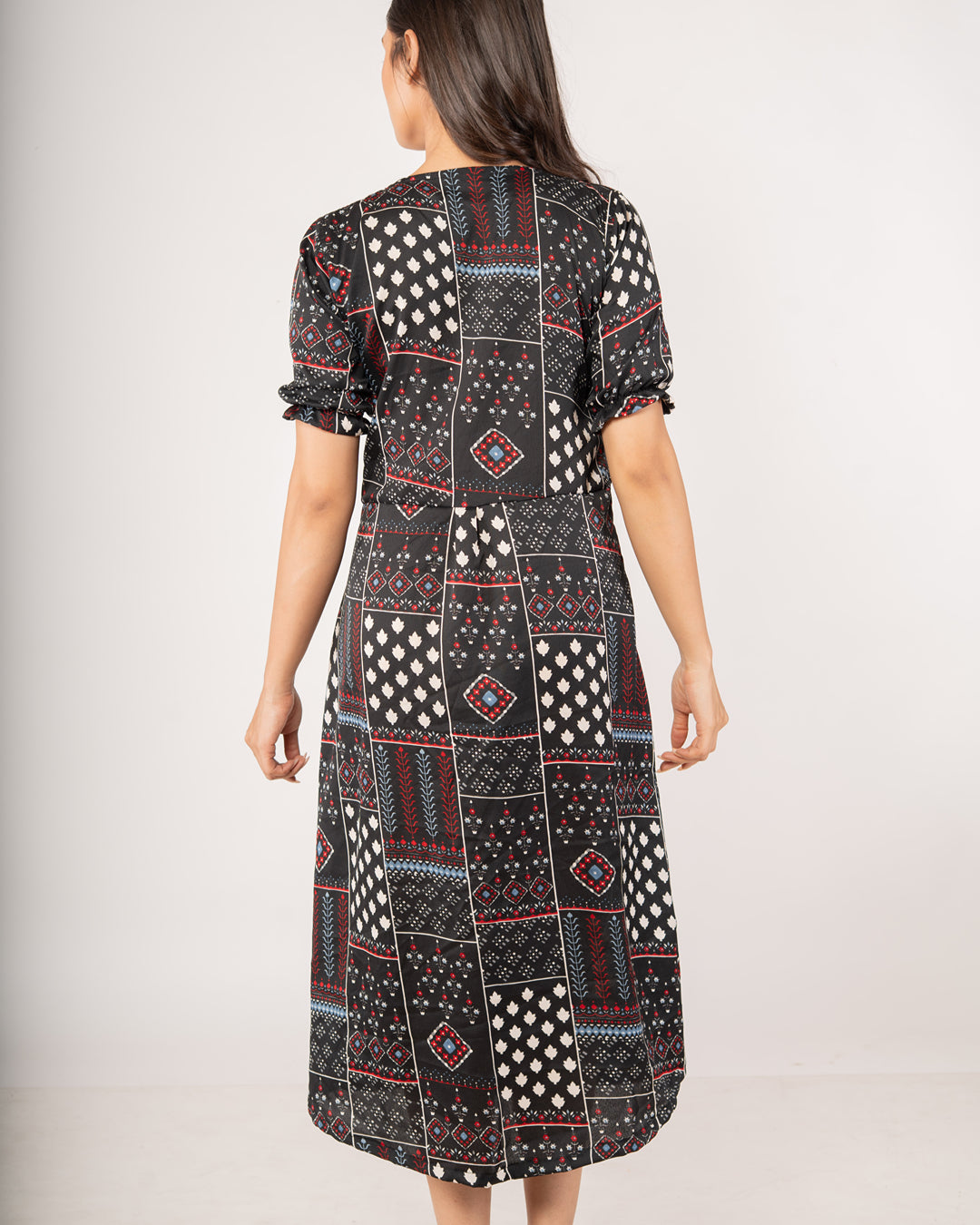 Onyx Black Bohemian Patchwork Midi Dress