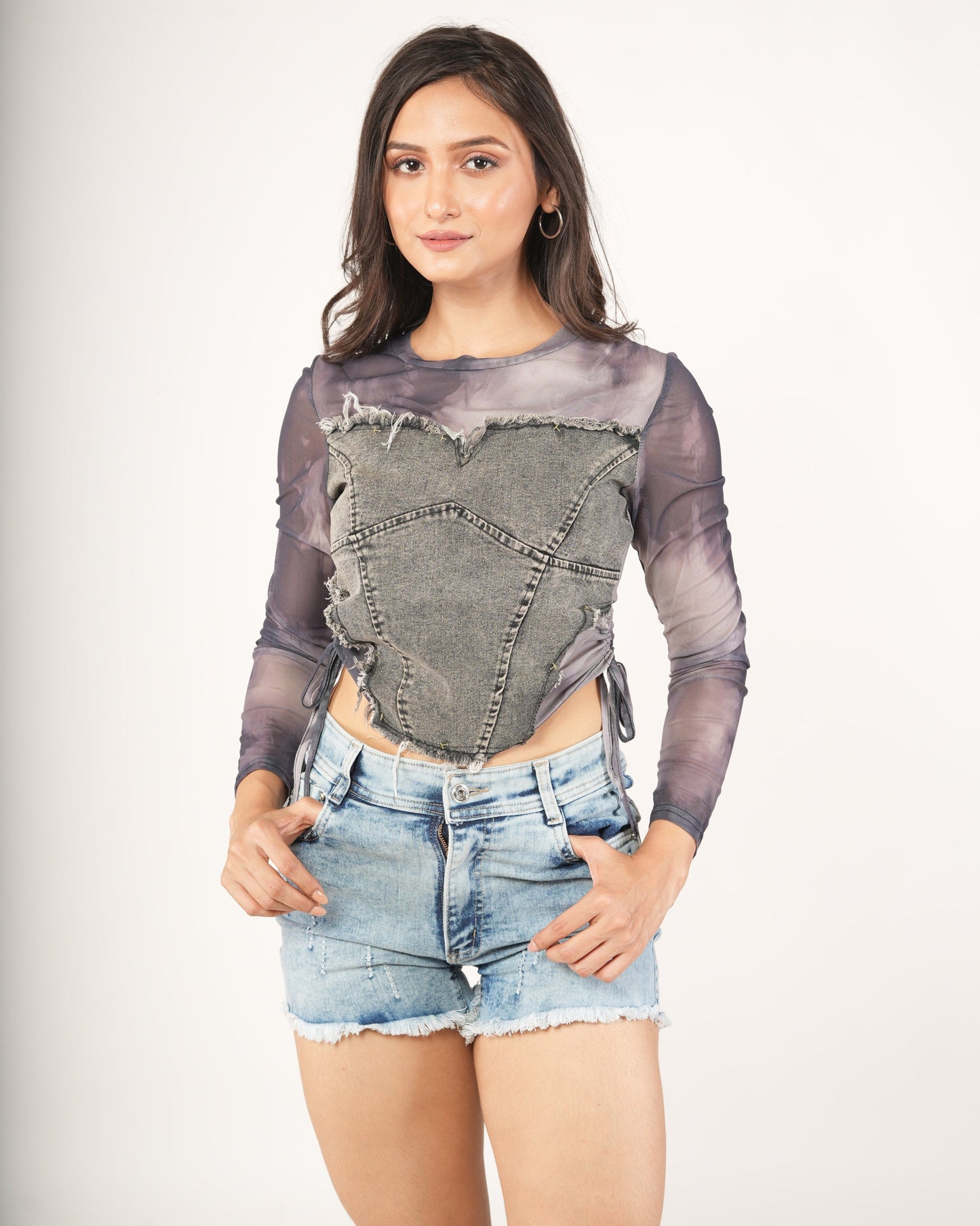 Smoked Mesh Layered Denim Corset Top