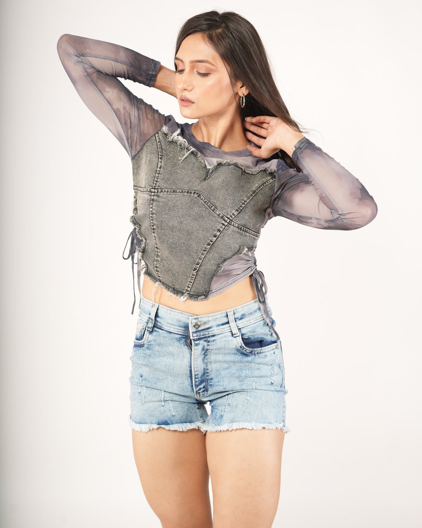 Smoked Mesh Layered Denim Corset Top