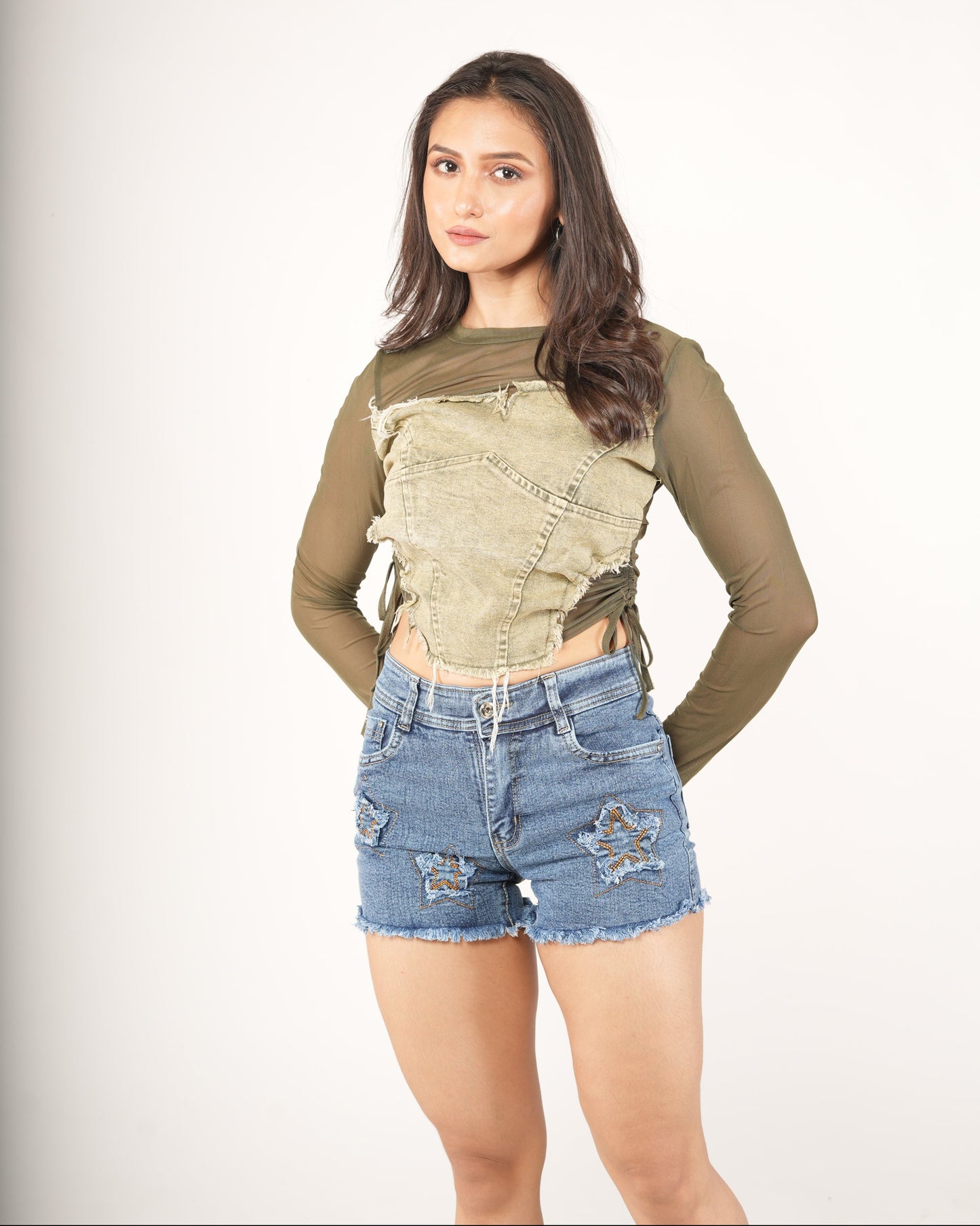 Moss Mesh Layered Sandstone Denim Corset Top
