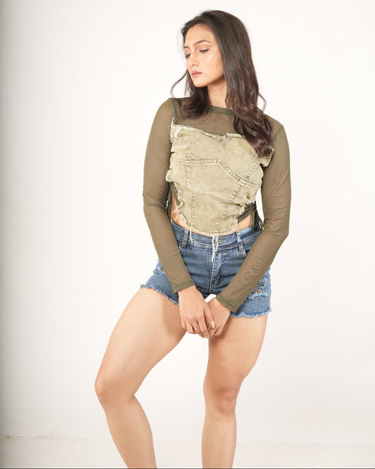 Moss Mesh Layered Sandstone Denim Corset Top