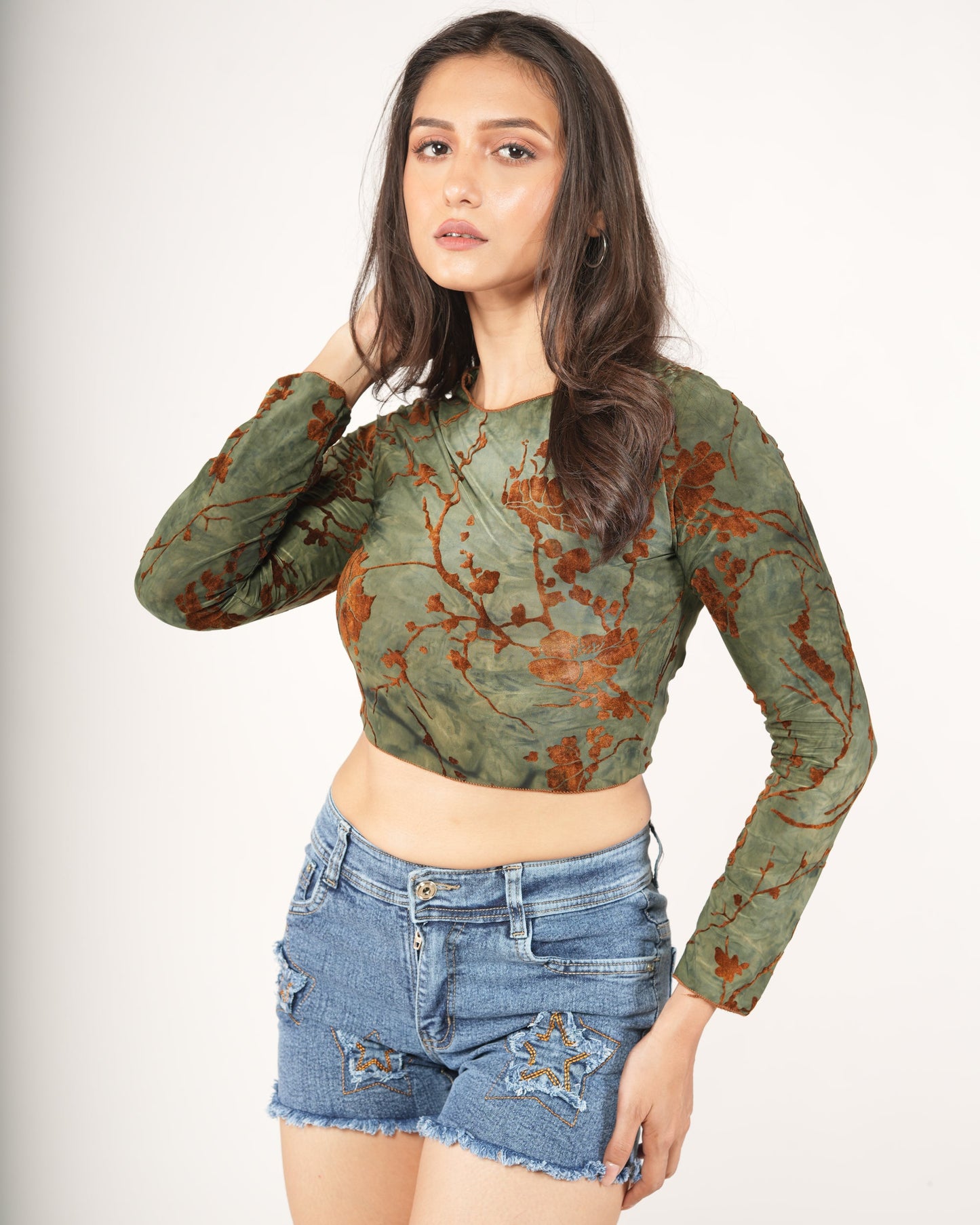 Olive Marble Floral Long-Sleeve Crop Top