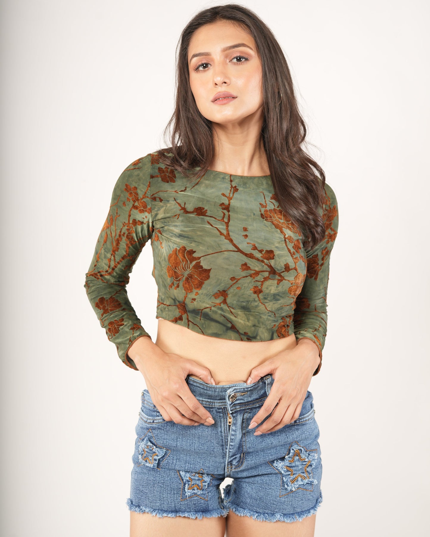 Olive Marble Floral Long-Sleeve Crop Top