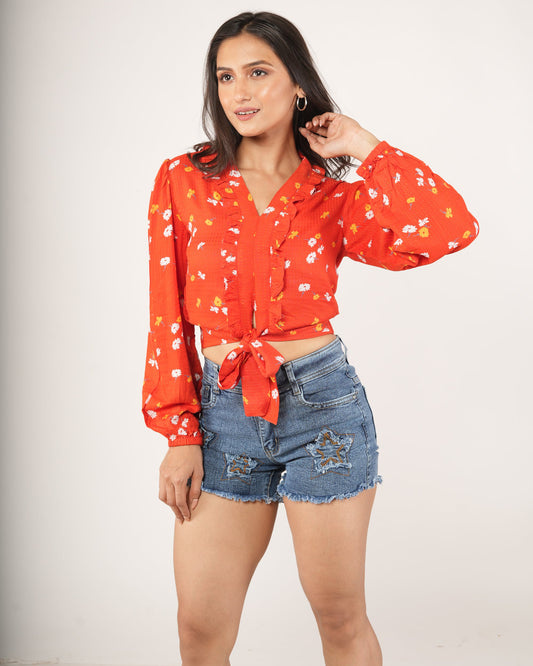 Tangerine Blossom Ruffled Tie-Front Crop Blouse